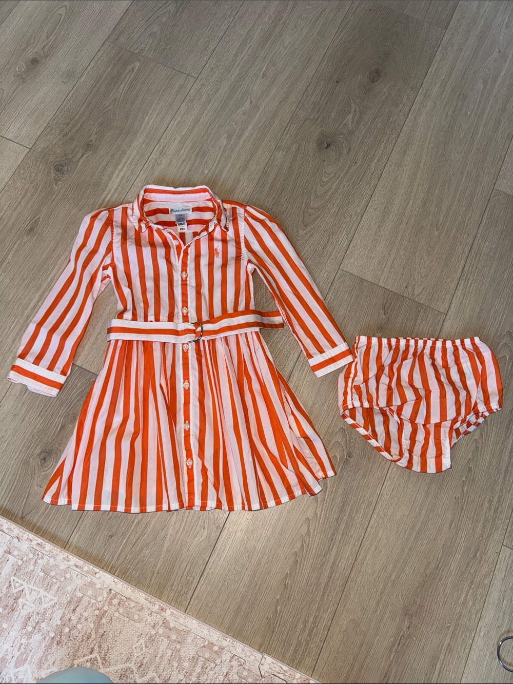 Ralph Lauren Orange & White Striped Button-Front Kids Pajama Dress with Bloomers